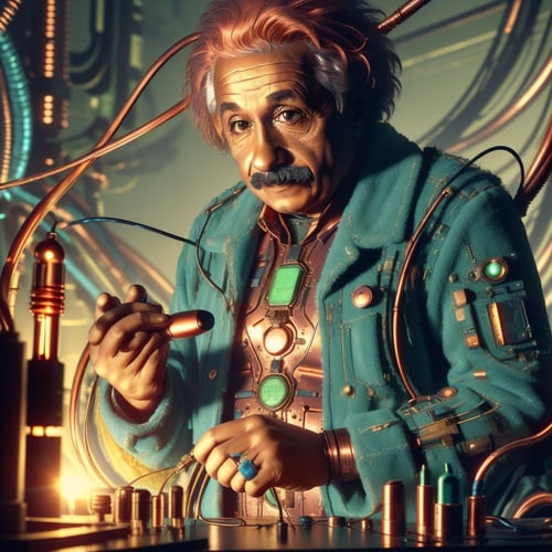 <lora:CircuitryTech-20:0.8>, circuitrytech ,scifi, cables, cmos circuitry, copper ,man , Albert Einstein, <lora:Albert Einstein:0.8> , scientist coat, at a lab