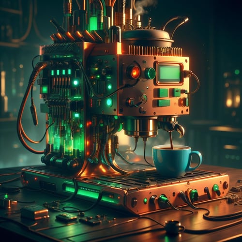 <lora:CircuitryTech-20:0.8>, circuitrytech ,scifi, cables, cmos circuitry, copper ,coffee machine, pouring liquid