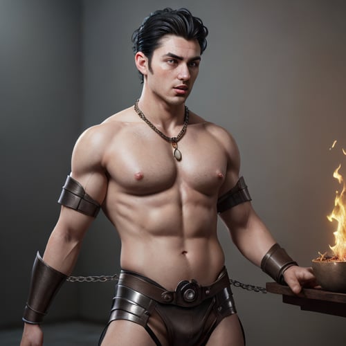 RAW photo, (realistic, photorealistic:1.2), lifelike, realistic, bright photo, 135mm, Fujifilm, f/16, studio shoot, 1boy, nipple_rings, muscular, fully naked, Handsome face, full-body shot, muscular, strap, chet outfit, sexy and luring, He's got jet-black hair pulled up into a bun. {fire flame covering boy's body), mix face zeus and khrisna and thor as A (28 years old) handsome cute male warrior, perfect anatomy, anatomically correct, medium light wavy brown hair fluttering in the wind, fine delicate skin type, (realistic detailed eyebrows, realistic beautiful brown eyes, realistic glossy skin, realistic detailed beautiful handsome face:1.2), slim, slender, muslce, fit, perfect six pack abs,big pecs, big nipples, nipples rings, chain armor suit looks like with leather chain harness, of sparkling silver and gold, metal armor. armor polished, glossy, reflects surrounding detail. (masterpiece, best quality:1.2), (8K, ultra detailed:1.3), (focus on face, looking at viewer), (realistic cinematic lighting, detailed shadowing:1.2), super detailed, live-action, highest quality, very elaborate CG Unity 8K wallpaper, model pose, bokeh background, realistic light, realistic shadow, natural lightdepth of field, Wide-Angle, Art Nouveau, highres, UHD, masterpiece, award winning, dramatic lighting,photorealistic,erection under clothes,nipple piercing,Masterpiece,Big Nipples