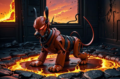 ((in hell, lava, red sky, burning)),  highres, ultra detailed, sharpen picture, Highly detailed, masterpiece, best quality, no human <lora:plutoLoRA:0.9> collar, pokemon (creature), no humans, dog, tail, animal ears, rabbit ears,  <lora:Sci-fi_style:0.8>armor, ground vehicle, helmet, holding, hoodie, indoors, male focus, power armor, science fiction, solo, sword, weapon