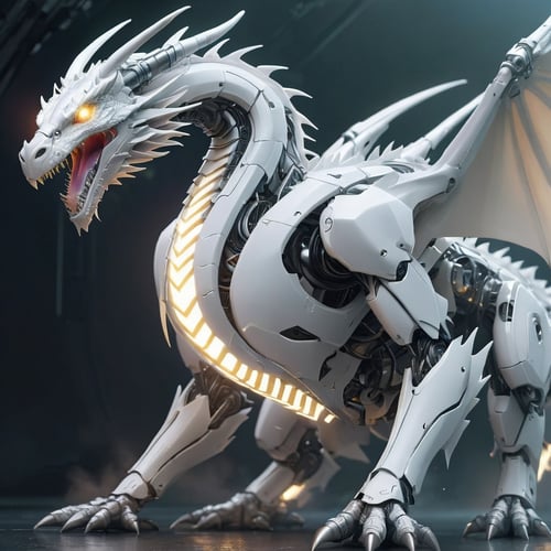 scifi, glowing, neotech, colossal mechanical white wyvern dragon,atmospheric perspective, blurry_background,full_body,  , hyper detailed