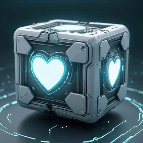 scifi, glowing, neotech, weighted_companion_cube, cyan glowing heart symbol, blurry_background,  , hyper detailed