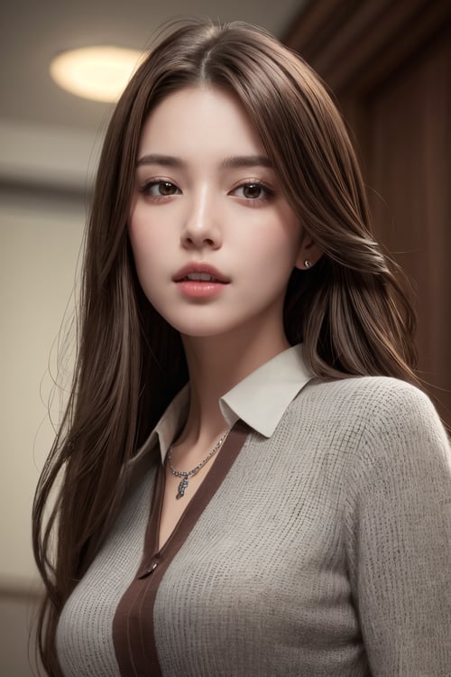 1girl, solo, long hair, brown hair, detailed face, alluring face, collared shirt, medium breasts, dynamic pose, looking at viewer, from below, detailed background, fine detailed, intricate detail,  ray tracing, depth of field, low key, silver necklace holding in mouth,hdr