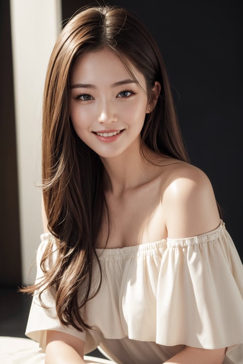 masterpiece, best quality, photorealistic, raw photo, 1girl, long hair, blouse, light smile, detailed skin, pore, off_shoulder, low key, black_background