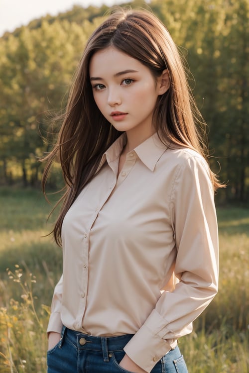 1girl, long brown hair, detailed face, collared shirt, medium breasts, landscape 