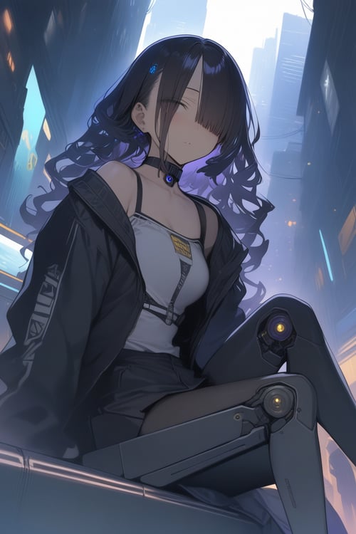 1girl, machinezed girl,mechanical parts,science fiction, cyberpunk, choker, wavy hair, hair over eyes , Fantastic atmosphere,sitting , masterpiece, best quality, aesthetic,