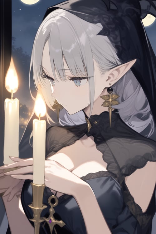 1girl, gray hair,black witch clothes, earrings, pointy ears, elf, veil, cleavage , moon, own hands together, night, seraphic Candles, upper body, looking away, masterpiece,  best quality,  aesthetic 