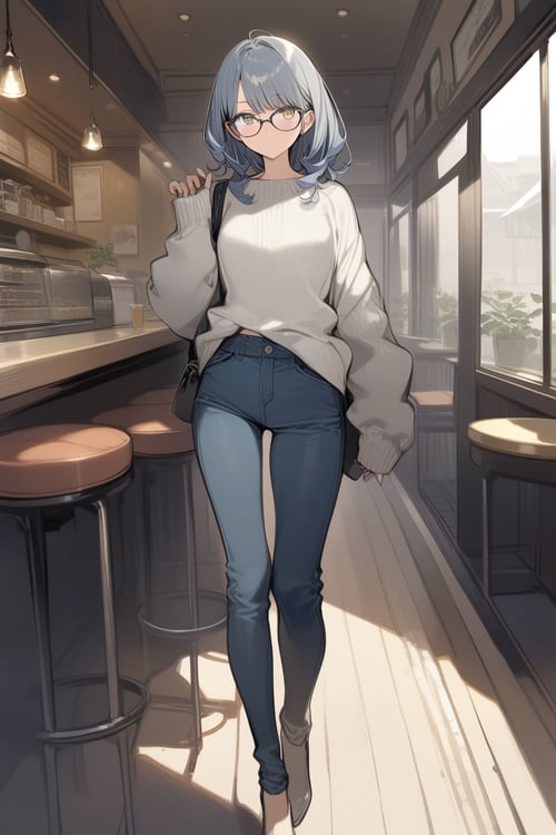 girl in cafe, solo, angel girl, glasses, sweater, full_body),casual, masterpiece, best quality,aesthetic,
