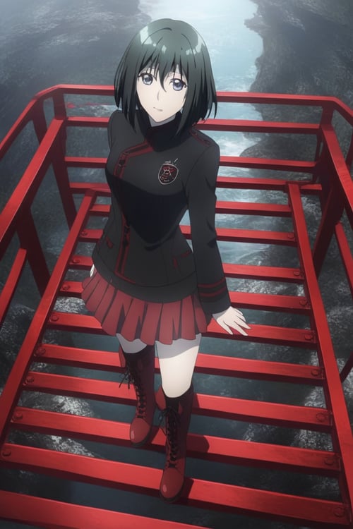 medium portrait shot,1girl,,lenalee,dgrayman,(purple eyes),hands,wearing black jacket with red stripes, red skirt, red knee-high boots, stand  on a metal bridge, noon,