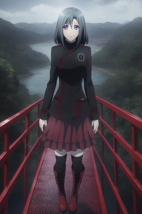 medium portrait shot,1girl,,lenalee,dgrayman,(purple eyes),hands,wearing black jacket with red stripes, red skirt, red knee-high boots, stand  on a metal bridge, noon,