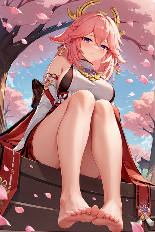 score_9, score_8_up, score_7_up, source_anime, 1girl, cute, yae miko from Genshin Impact, sitting, knees together feet apart, barefoot, embarrassed, from below, sakura trees, pink petals
