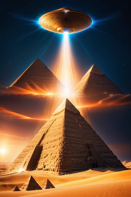 Experience the wonder of ancient Egypt with a modern twist - imagine UFOs soaring above the majestic pyramids, their otherworldly lights casting an eerie glow on the sand below.