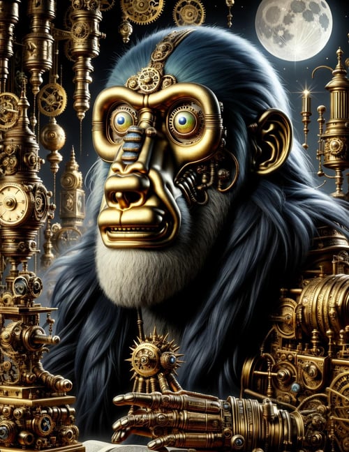 DonMSt34mP yeti, god of writing, knowledge, magic, depicted as a man with the head of an baboon, keeper of divine knowledge, associated with the moon and reckoning of time, revered as a wise counselor and magician, guardian of sacred texts , steampunk  <lora:DonMSt34mP:0.8>