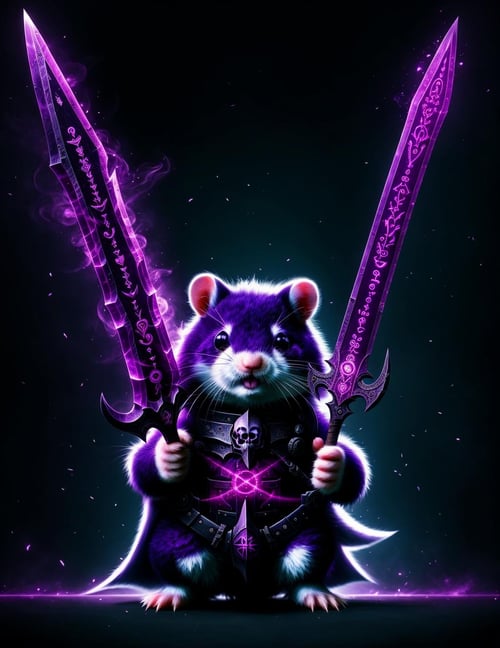 cute hamster, death knight, DonMD34thKn1gh7XL wielding runeblade, purple glowing runes,  <lora:DonMRun3Bl4d3-000008:0.85>