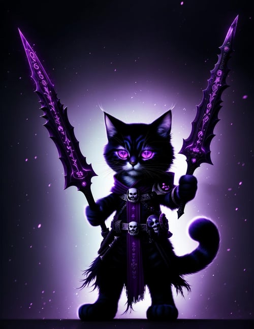 cute anthro cat, death knight, DonMD34thKn1gh7XL wielding runeblade, purple glowing runes,  <lora:DonMRun3Bl4d3-000008:0.85>