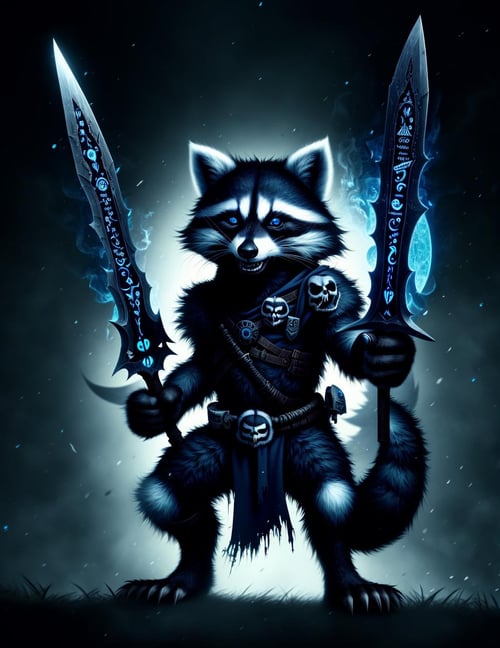cute anthro raccoon, death knight, DonMD34thKn1gh7XL wielding runeblade, blue glowing runes,  <lora:DonMRun3Bl4d3-000008:0.85>