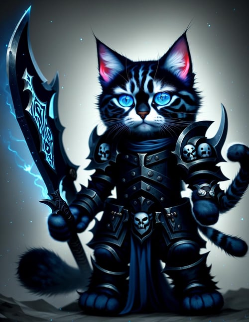 cute anthro cat, death knight, DonMD34thKn1gh7XL wielding runeblade, blue glowing runes,  <lora:DonMRun3Bl4d3-000008:0.85>