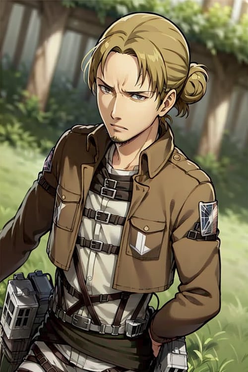 solo male, Eld Gin, Attack on Titan, blond hair, middle parting hair, single hair bun, brown eyes, sideburns, thin goatee, Scout Regiment uniform, white shirt underneath, brown jacket, white pants, three-dimensional maneuver gear, mature, handsome, charming, alluring, (portrait, close-up), perfect anatomy, perfect proportions, best quality, masterpiece, high_resolution, dutch angle, photo background, AttackonTitan