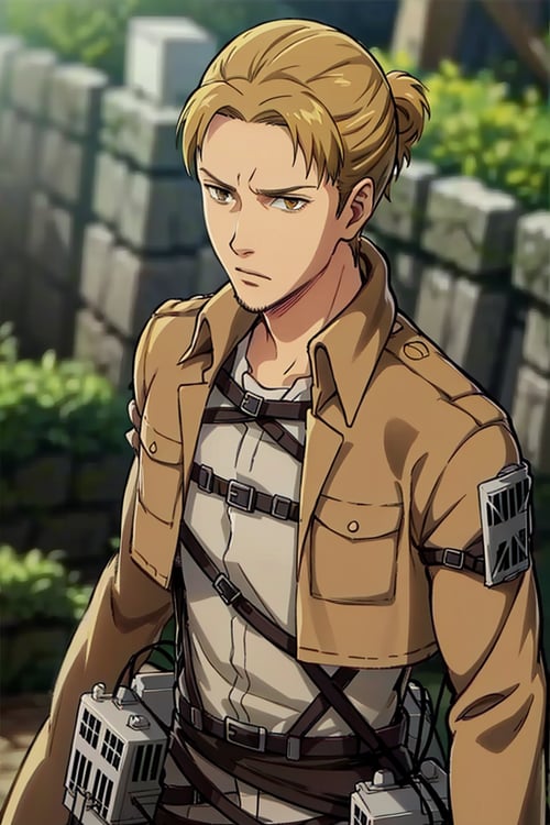 solo male, Eld Gin, Attack on Titan, blond hair, middle parting hair, single hair bun, brown eyes, sideburns, thin goatee, Scout Regiment uniform, white shirt underneath, brown jacket, white pants, three-dimensional maneuver gear, mature, handsome, charming, alluring, (portrait, close-up), perfect anatomy, perfect proportions, best quality, masterpiece, high_resolution, dutch angle, photo background, AttackonTitan