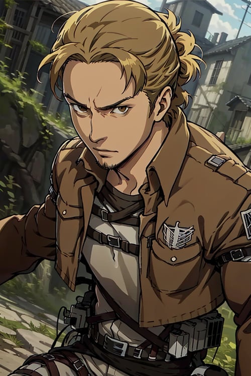 solo male, Eld Gin, Attack on Titan, blond hair, middle parting hair, single small hair bun, brown eyes, sideburns, thin goatee, Scout Regiment uniform, white shirt underneath, brown jacket, white pants, three-dimensional maneuver gear, mature, handsome, charming, alluring, (portrait, close-up), perfect anatomy, perfect proportions, best quality, masterpiece, high_resolution, dutch angle, photo background, AttackonTitan