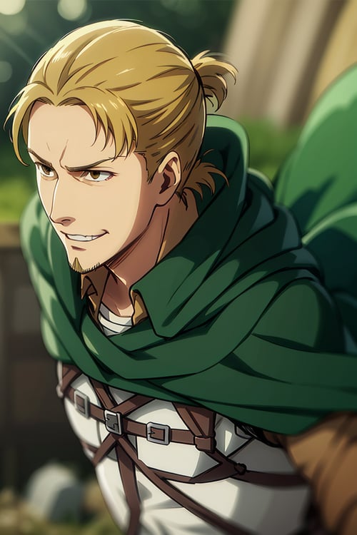 solo male, Eld Gin, Attack on Titan, blond hair, middle parting hair, single hair bun, brown eyes, sideburns, thin goatee, Scout Regiment uniform, white shirt underneath, brown jacket, white pants, green cloak, three-dimensional maneuver gear, mature, handsome, charming, alluring, (portrait, close-up), smile, perfect anatomy, perfect proportions, best quality, masterpiece, high_resolution, dutch angle, photo background, AttackonTitan