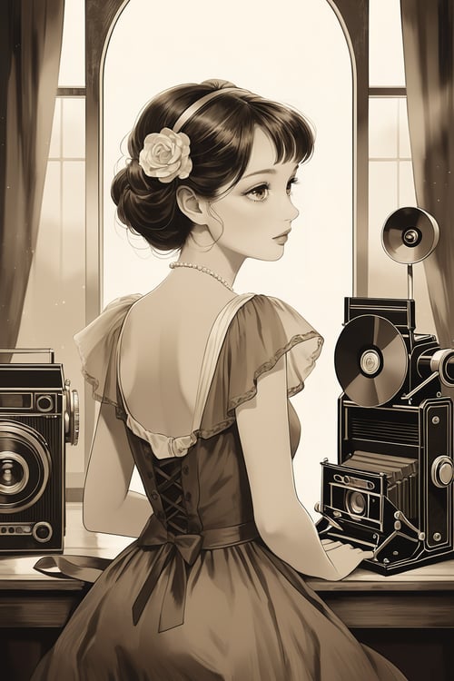 1girl, realistic, Inspired by classic cinema, the illustration evokes a vintage film aesthetic, complete with nostalgic charm and grainy film noise. The scene transports viewers to a bygone era, where sepia-toned memories and timeless elegance intertwine. 