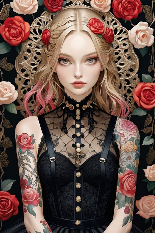 In the vibrant and detailed image, a mesmerizing young British woman with gothic style poses for a high fashion magazine. She is captured in a glossy, photorealistic photograph, showcasing her long peach hair and adorned with colorful rose tattoos. The image is meticulously executed, with high levels of detail and light, enhancing every intricate aspect of the subject's appearance. Additionally, she is showcased wearing a tulle-lace outfit, adding to the overall allure and sophistication of the photo.