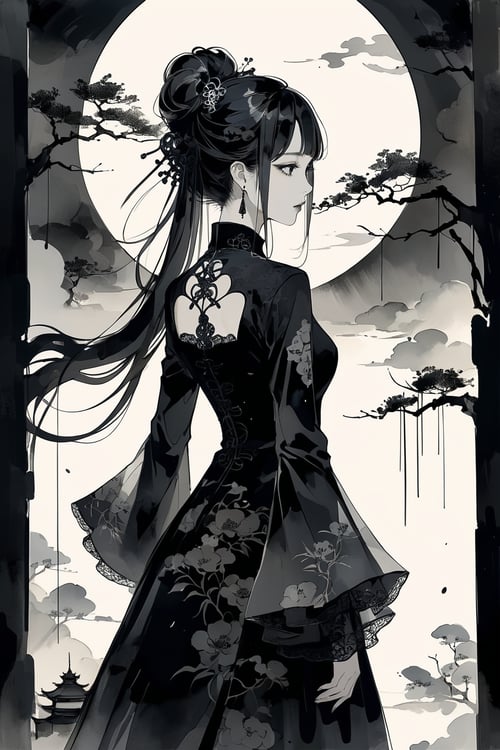 masterpiece, best quality, aesthetic , chinese ink painting,
1girl, dark theme, gothic, abstract background,