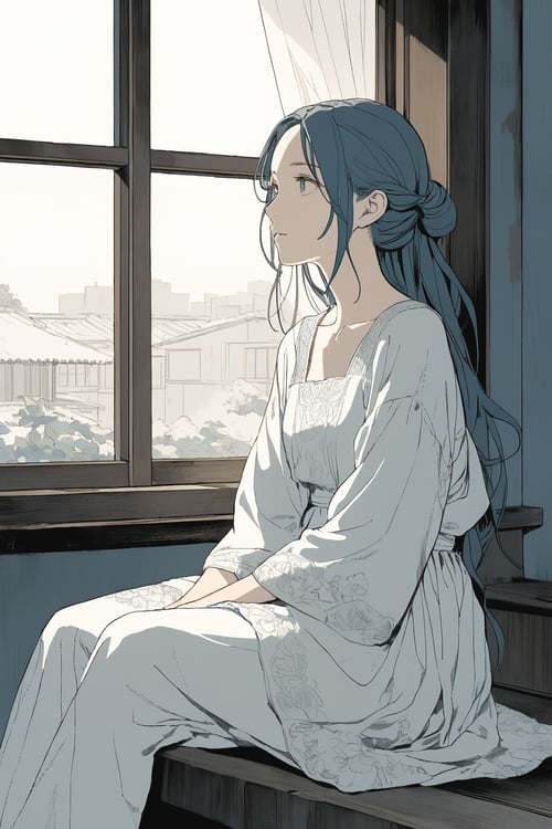 By the window sits a delicately illustrated girl,exuding a serene yet melancholic air. With simplicity akin to hand-drawn sketches and a flat aesthetic, she embodies quiet introspection. Bathed in soft light, her features subtly outlined, capturing her contemplative mood,
Manga Influences, anime coloring, 