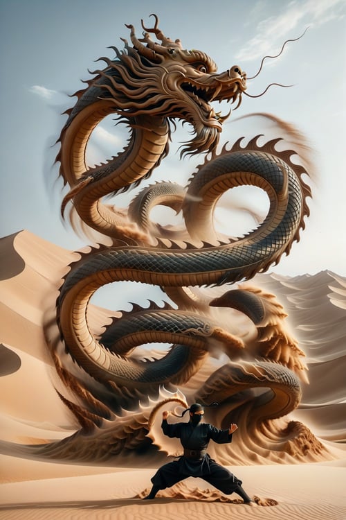 A ninja in realistic style performing Earth-style ninjutsu in the desert, summoning a grand and massive Chinese dragon made of sand and earth. The dragon twists and curls majestically through the air, its form detailed and intricate, reflecting the power and precision of the ninja's control. The desert landscape stretches far into the background, with dunes and the clear sky enhancing the scene's epic nature. This moment captures the essence of ancient mysticism blended with martial prowess.