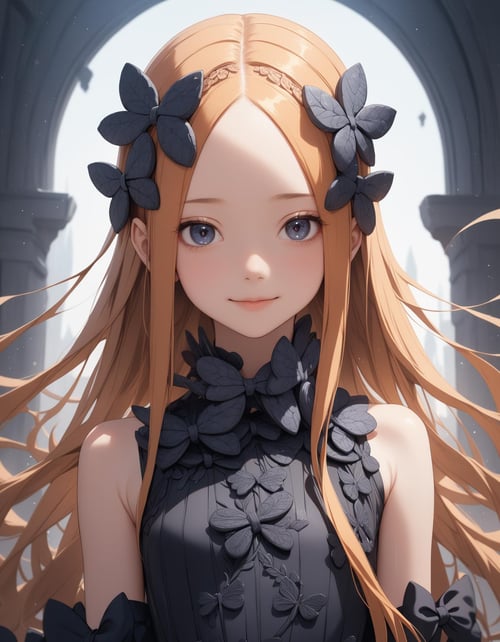 1girl, abigail williams \(fate\),  upper body, smile, looking at viewer, (masterpiece), (best quality), (ultra-detailed), very aesthetic, illustration, perfect composition, moist skin, intricate details, mysterious, fantasy, 