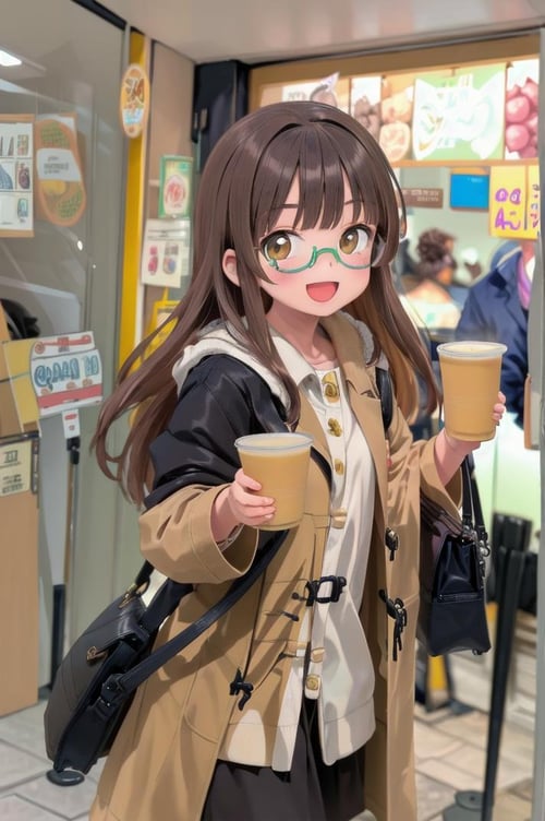 masterpiece, best quality,1girl, solo, glasses, black hair, long hair, duffle coat, black bag, smile, looking at viewer, solo focus, happy, smile, open mouth, holding, disposable cup, mixjuice, storefront, multiple boys, bag, long hair, brown hair, jacket, multiple girls, scenery, food, shop<lora:mixjuice_SD15_V1:1>