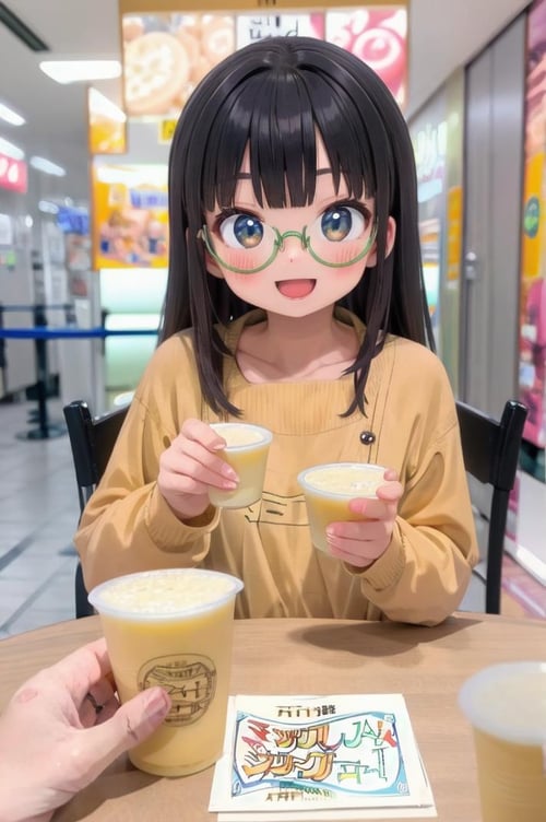 masterpiece, best quality,1girl, solo, glasses, black hair, long hair, white ribbed sweater, happy, smile, looking at viewer, open mouth, solo focus, sitting, across table, mixjuice, cup, blurry, holding, blurry background, depth of field, holding can, english text, drink, pov, disposable cup, still life, food focus <lora:mixjuice_SD15_V1:1>