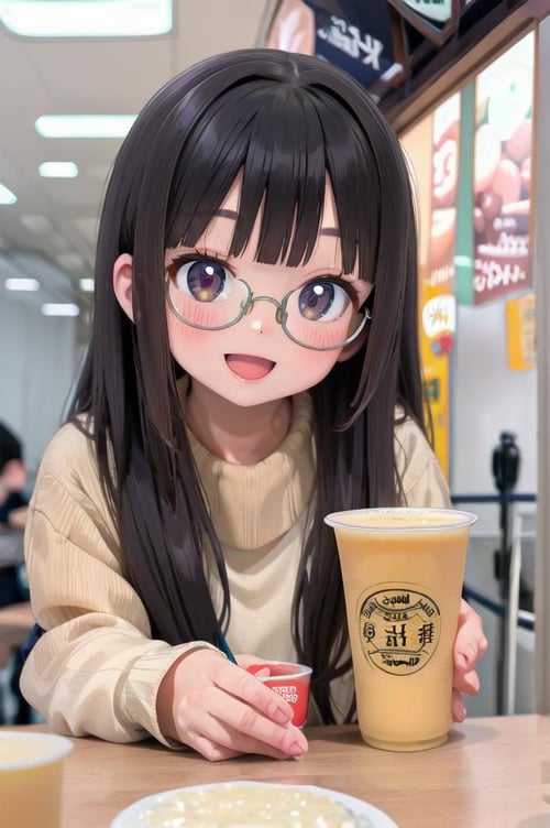 masterpiece, best quality,1girl, solo, glasses, black hair, long hair, white ribbed sweater, happy, smile, looking at viewer, open mouth, solo focus, sitting, across table, mixjuice, cup, blurry, holding, blurry background, depth of field, holding can, english text, drink, pov, disposable cup, still life, food focus <lora:mixjuice_SD15_V1:1>