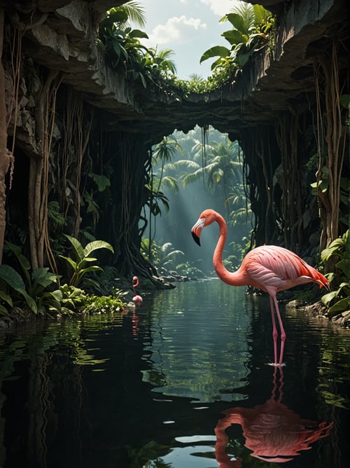Divine Flamingo, from inside a glamourous Inlet, Panorama, avant-garde, Movie concept art, 
