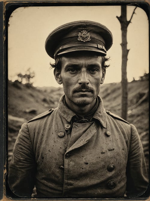 "Trench Gorger", at Sunrise, Selective focus, Ambrotype, close-up, 
