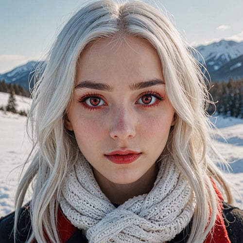 girl with white hair and bright red eyes looking at viewer, snowy landscape, close up, 8k, uhd, masterpiece,
