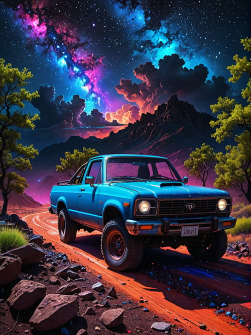 Color splash, Painting, landscape of a Supernatural Hench and Toyota, Stars in the sky, Accent lighting, Psychedelic and dark blue neon hue, intricate, 

