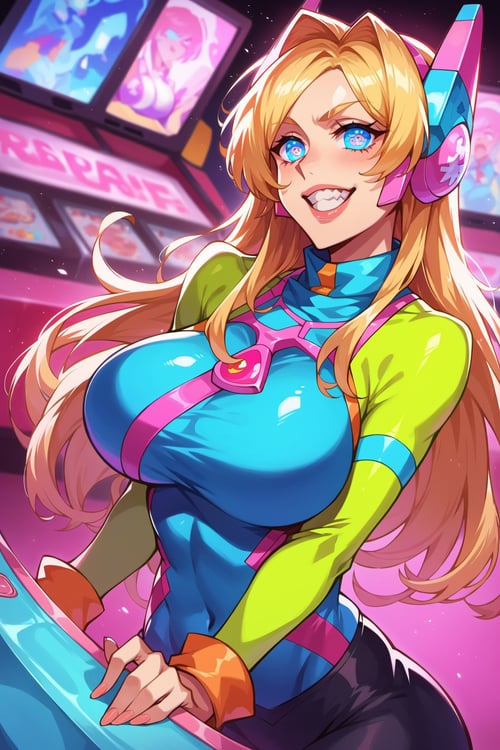 Clear picture, high res, defined facial features, detailed teeth, score_9, score_8_up, score_8, volumetric lighting, vibrant colors, blond bimbo. pretty girl with long hair, huge tits, tits bursting out of her top. 1980s hairstyle and clothes. Bashful. Arcade, unreal engine, detailed eyes, semi realism 