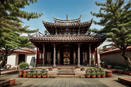 architecture, landscape, scenery, east asian architecture, Lukang Longshan temple, (Taiwanese temple, Hokkien architecture, Southern Min architecture) East Asia, vintage, historical, heritage, trational, ancient, wooden structure, orange tiled roof, upward curve ridge roof, trees