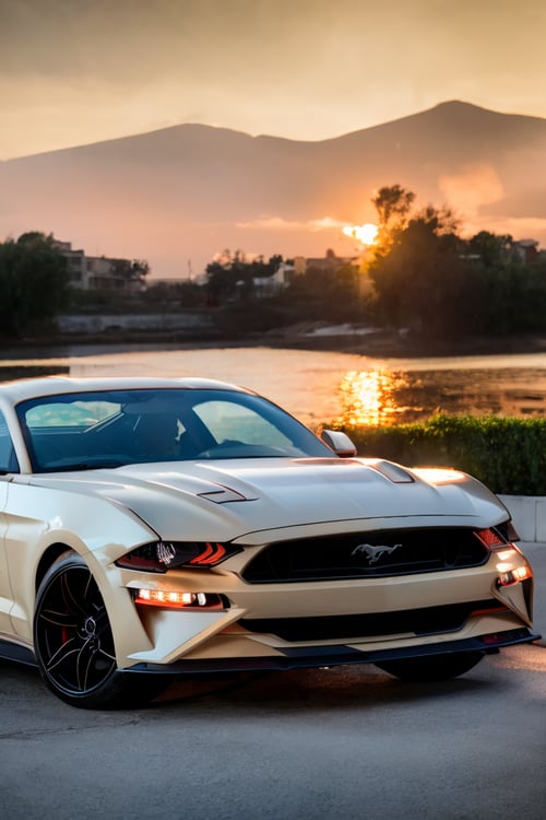 outdoors, sunsets, tree, ground vehicle, motor vehicle, car, road, vehicle focus, ((sports car)), ((ford)), ((mustang)), ((2023 top model)), fully loaded, @imageized