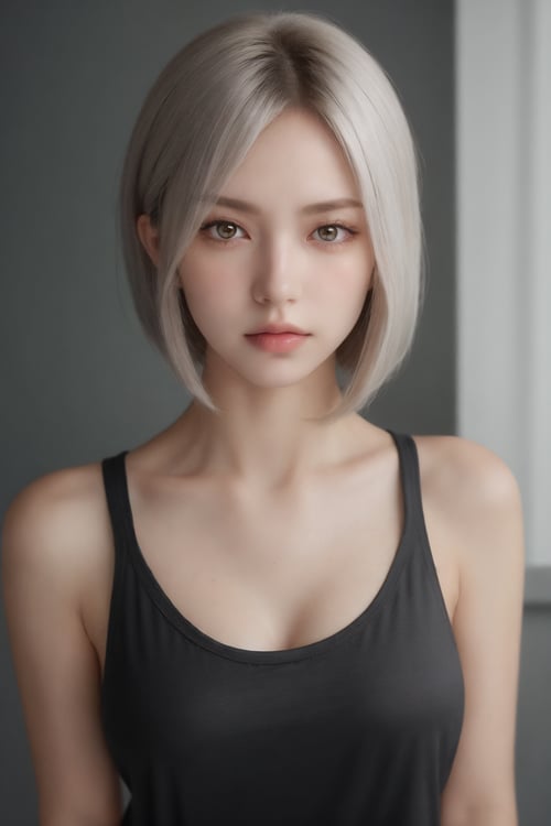 1girl, solo, (straight face picture), straight topper body, looking at viewer, hair tied up,(Chopped hair) red eyes, shy, silver and gold hair, collarbones, parted lips, dynamic lips, Best Quality, photorealistic, ultra-detailed, lips, white tank top, sunlight, Beautiful, ruanyi0220,Beautiful