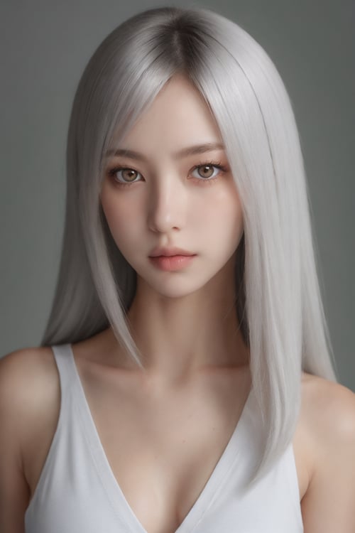 1girl, solo, (straight face picture), straight topper body, looking at viewer, long hair, red eyes, shy, silver and gold hair, collarbones, parted lips, dynamic lips, Best Quality, photorealistic, ultra-detailed, lips, white tank top, sunlight, Beautiful, ruanyi0220,Beautiful