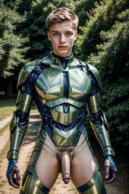 professional photograph, a homoerotic male cybernetic soldier from the distant future in tight metallic cybernetic clothing with a penis, 18yo, alluring pose, solo, outdoor background, masterpiece, detailed eyes and pupils, atmospheric
