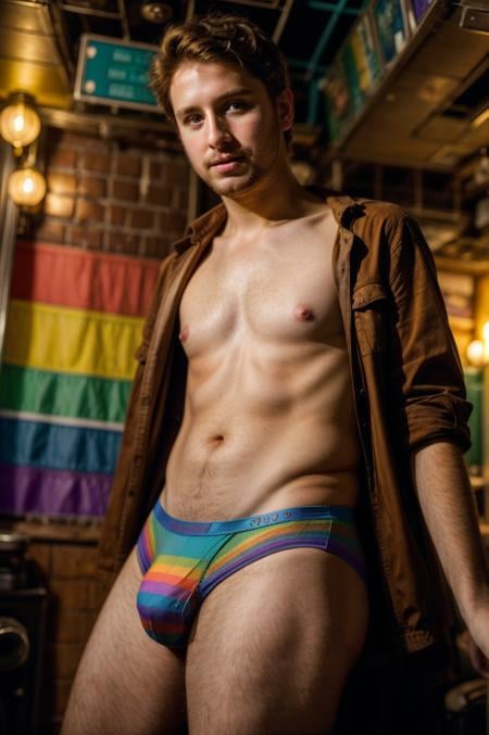 a photograph of a thirty-year-old male, HDR, full portrait, realistic, cluttered environment, intricate background, brown hair, posing at a gay club, detailed realistic face and hair, bare chest, 60mm lens, low camera angle, wearing rainbow briefs underwear, subsurface scattering, realistic lighting and shadows, extremely detailed realistic skin, detailed nipples