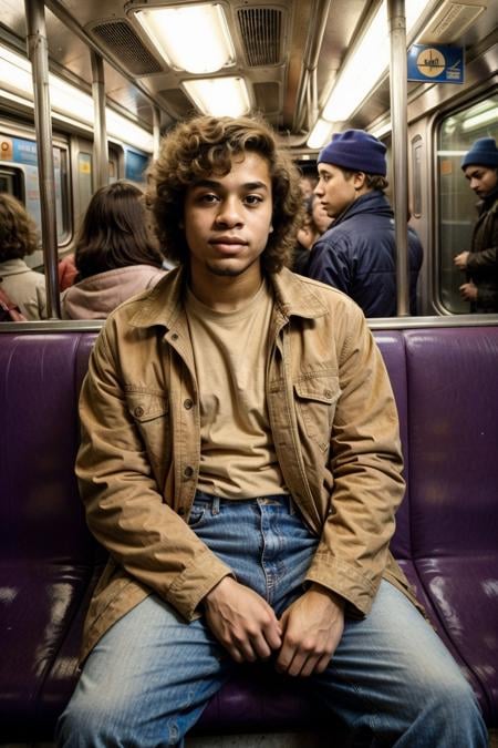 an analog photograph of a 1980's scene of an 20yo sexy light skin male in tight worn jeans and an urban jacket, 1980's hair style. The subject sitting back in a seat inside a subway train. The background has a depth of field effect and the image has a nostalgic look with use of a sepia tone. chiaroscuro