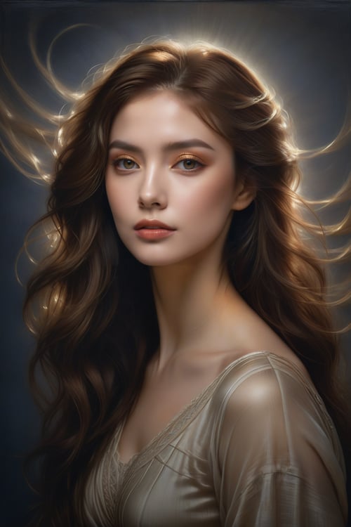 High quality, 8K Ultra HD, hyper-realistic portrait of a captivating woman, The woman is portrayed in a moonlit setting, her features bathed in a soft, diffused glow that accentuates the delicate nuances of her expression. The artist, drawing from Sargent's precision, captures every subtle contour of her face, the intricacies of her gaze, and the cascading strands of her hair, In this mysterious ambiance, the artist employs da Vinci's mastery of shadow and light, creating an alluring interplay that accentuates the enigmatic aura surrounding the woman, Shadows dance across her features, enhancing the depth of her gaze and adding a touch of secrecy to the composition, 