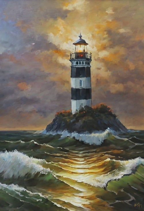 An ultra-detailed oil painting of a lighthouse surrounded by raging waves and stormy skies. (dramatic:1.4), (hyper-realistic), (highly detailed:1.5), (intricate details:1.2), (palette knife:1.2), (by Greg Manchess), (HDR:1.3), (intense:1.1), (cinematic lighting:1.3), (trending on CGsociety), (surreal:1.2), (high contrast:1.3), (oil painting texture:1.5), (dramatic shadows:1.2)