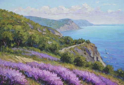 landscape, sea, rocky shores overgrown with lilac bushes