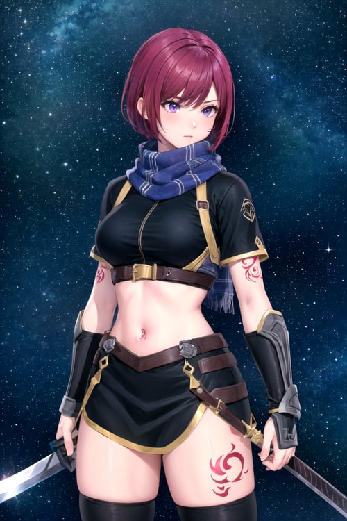 //Character, 1girl, solo,NelZelpher_SO3, purple eyes, short hair, red hair, tattoo,
//Fashion, , black thighhighs, scarf, holding weapon, sword,
//Background, simple background, 
//Quality, (masterpiece), best quality, ultra-high resolution, ultra-high definition, highres, intricate, intricate details, absurdres, highly detailed, finely detailed, ultra-detailed, ultra-high texture quality, natural lighting, natural shadow, dramatic shading, dramatic lighting, vivid colour, perfect anatomy, 
//Others, 